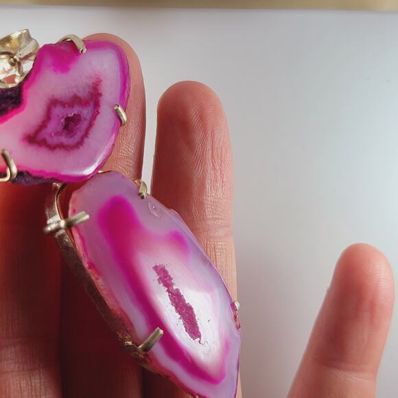 Pink Agate Geode Slice Sterling Silver Pendant 2.5" Eye Pattern Drop - Picture 7 of 10